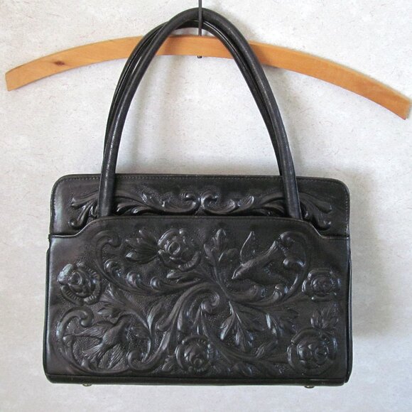 Vintage black tooled leather handbag Mont-Abur Made in Mexico - Picture 1 of 8